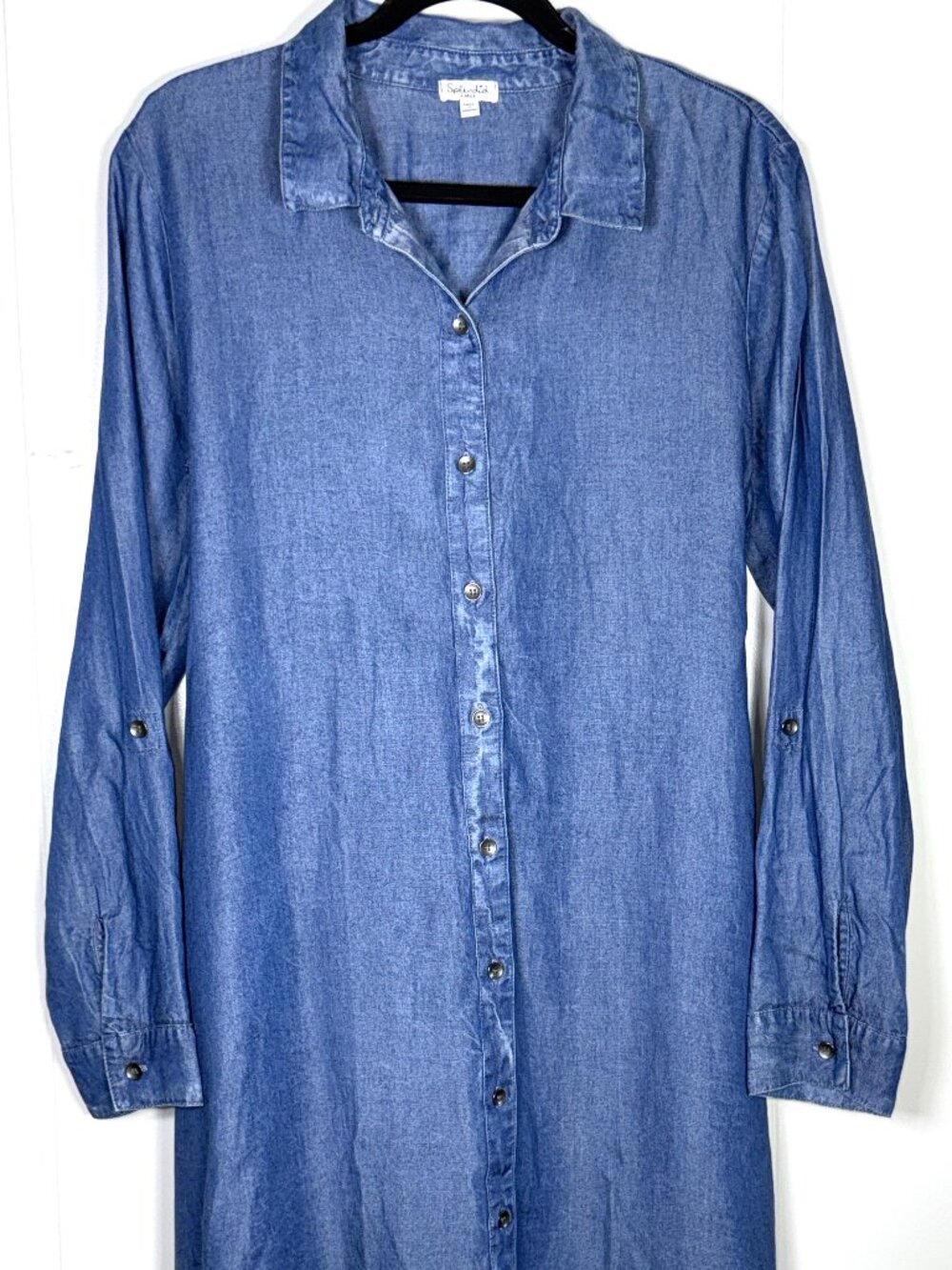 Splendid Blue Chambray Denim Tencel Button-Up Back Tie Roll Tab Shirt Dress L